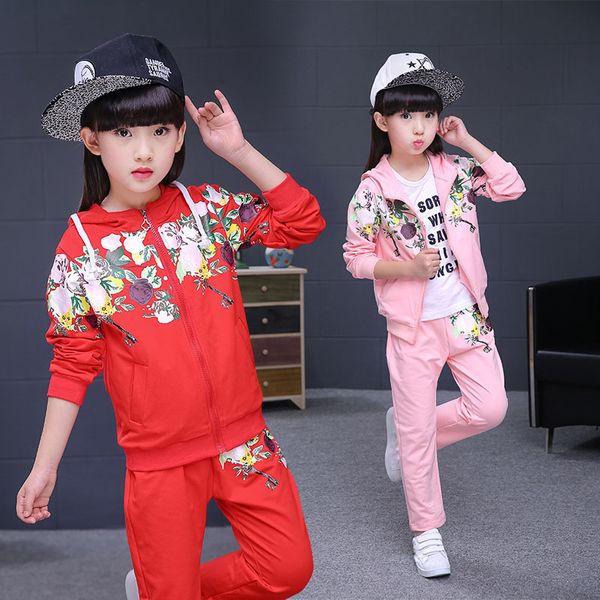 

New Girls Clothing Sets 2019 Spring Autumn Children Clothes Set Print Jacket+Pants 2 PCS Girls Sports Suit 4 6 8 10 12 13 Years, Pink