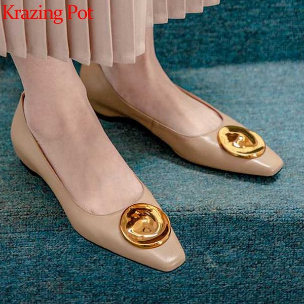 

krazing pot new genuine leather low heels european summer square toe round metal decoration convenient shallow leisure pumps l87, Black