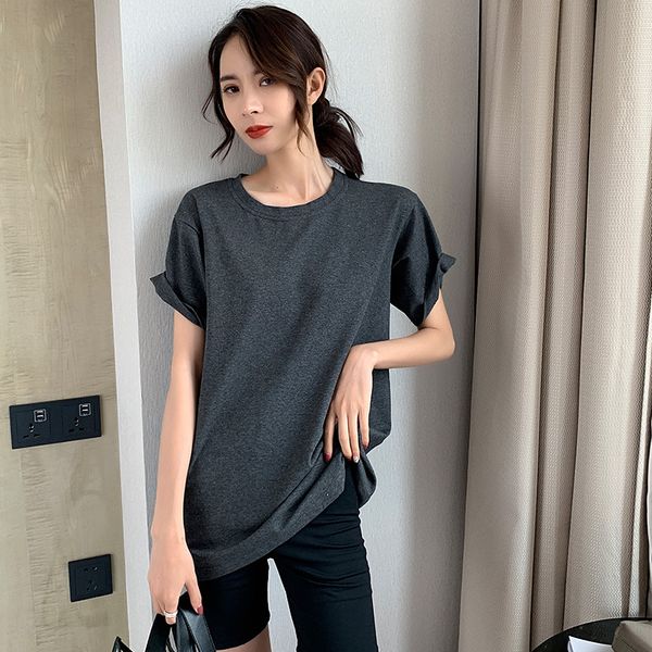 

coj solid color t-shirt wear non-weary women's t-shirt short sleeve 2019 summer new cotton mid-length women loose, White