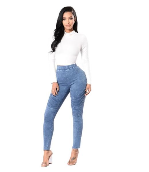 

women high waist pleated slim skinny jeans solid denim pants fashion designer four colors available, Blue
