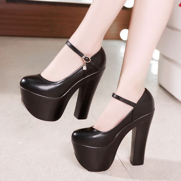 

15cm extremem high heels pumps women wedding shoes spring 2019 buckle block heel model party shoes ladies 41 42 43, Black