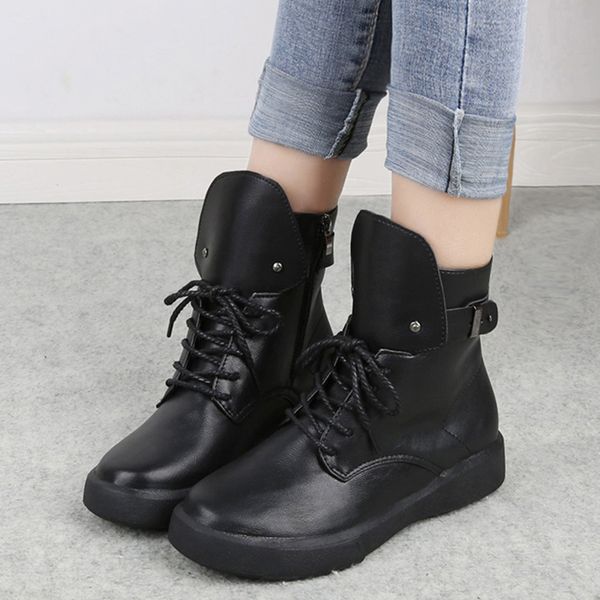 

rimocy black soft leather ankle boots women 2019 autumn winter buckle motorcycle booties mujer platform zip lace up shoes woman