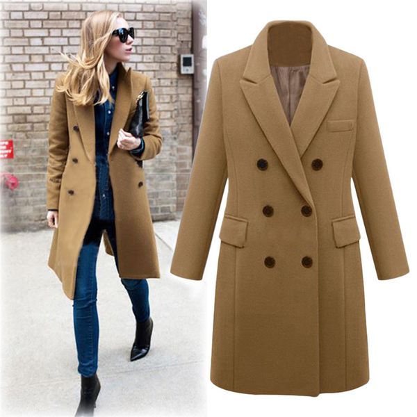 

2019 plus size winter women lapel neck long sleeve casual wool blends trench coat solid button long outwear oversize 15#5, Black