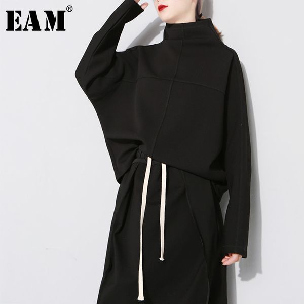 

eam] loose fit black white causal sweatshirt new turtleneck long batwing sleeve women big size fashion tide autumn winter 2019