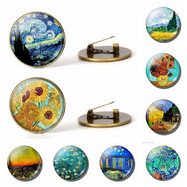 

retro van gogh art starry night sunflower brooches men women glass cabochon dome jewelry school bag bronze brooch pin gift, Gray