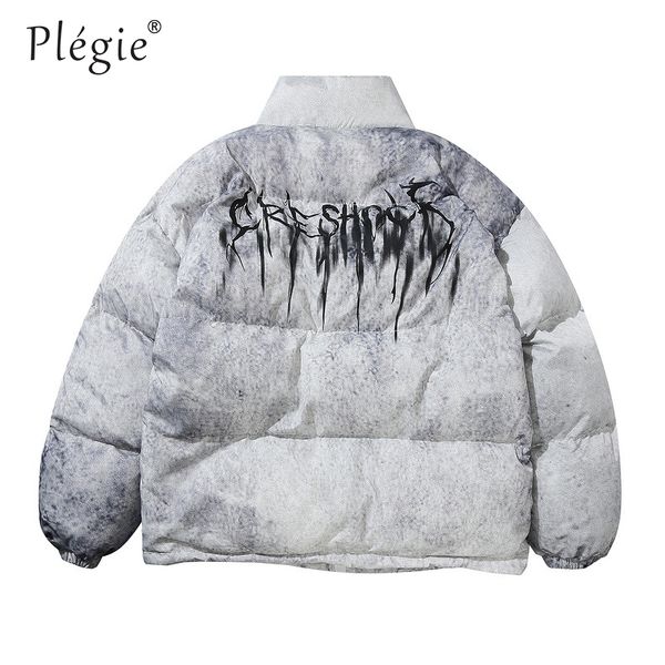 

plegie graffiti ink tie dye print cotton padded puffer parka jackets streetwear hiphop 2019 winter casual punk rock parkas coats, Black