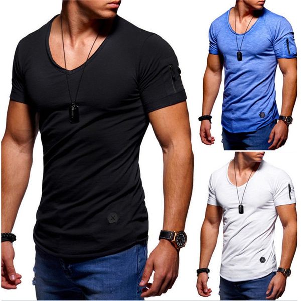 

zipper sleeve t shirt men's tees v neck short sleeve slim fit t-shirt men casual summer tshirt camisetas plus size s-5xl, White;black