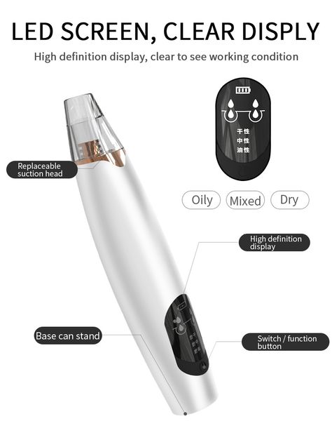 

rechargeable led display blackhead remover pore cleaner vacuum with 3 modes different suction heads facial cleaning device