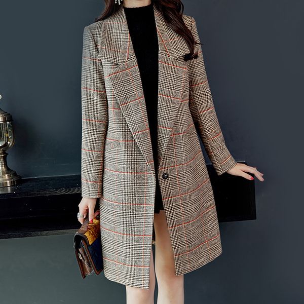 

autumn winter wool women plaid pockets blends office work long coats fashion brand lady slim lapel long sleeve blends, Black