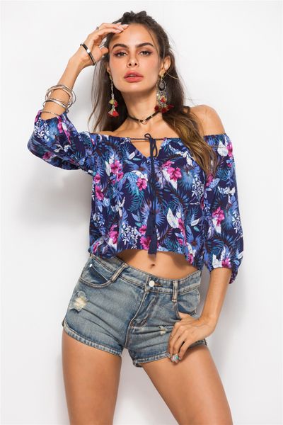

women's 3/4 sleeve shirts slash neck one word collar dew navel blouse beach girl casual holiday floral skirt for women, White
