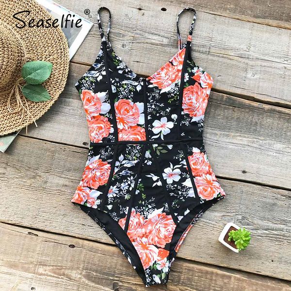 

seaselfie flora печати цельный купальник женщин sexy back вырез v шеи монокини 2020 ladies beach купальный костюм купальный костюм, White;black