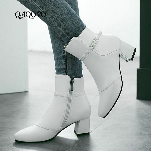 

women buckle comfortable thick heel ankle boots fashion side zipper boots female pointed toe spring autumn shoes black white