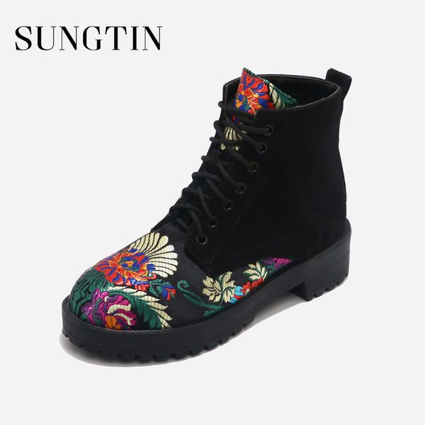 

sungtin winter fashion flower embroidery lace up ankle boots women motorcycle short boots female punk booties suede casual shoes, Black