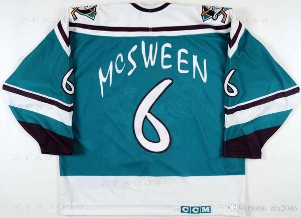 

Custom 1995 96 Don McSween Anaheim Mighty Ducks Game Worn Hockey Jersey Wild Wing Alternate Team Letter Stitched Logos embroidered