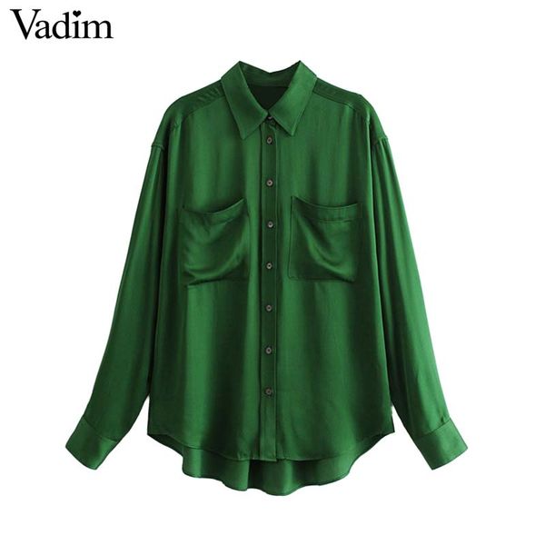 

vadim women basic green blouse pocket decorate long sleeve pleated shirt office wear cozy casual blusas mujer lb515, White