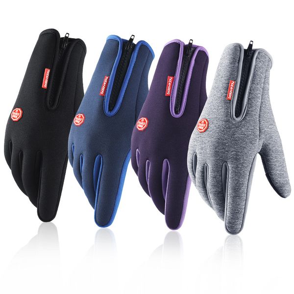 

winter outdoor warm gloves windproof waterproof men and women touch screen full palm silicone anti-skid zipper sports gloves, Black