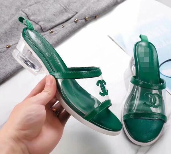 

New fashion women Summer Simple Leather Inner Soft Comfortable Open-toed Transparent Rough-heeled Sandals Women's Slippers L3302