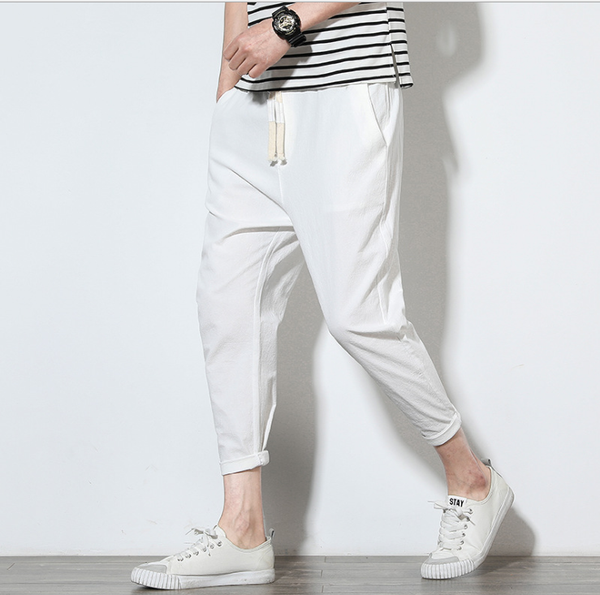 

spring and autumn 2020 casual pants men's nine-minute pants men's large cotton and linen 9-minute sports, Black