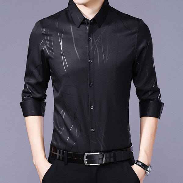 

spring long sleeve shirt men striped real silk shirt korean black mens shirts casual slim fit 2019 camisa masculina kj1965, White;black
