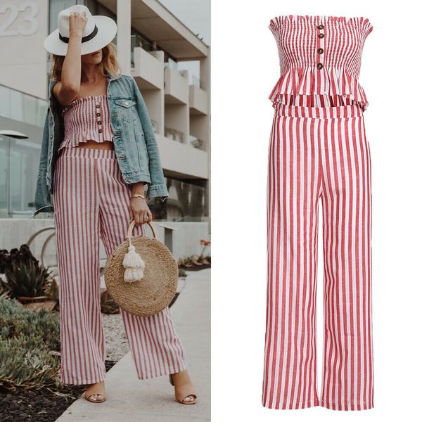 

new hot women strip sleeveless off shoulder strapless crop top + long pants suit casual jumpsuit clothing elegant soft clothes, White