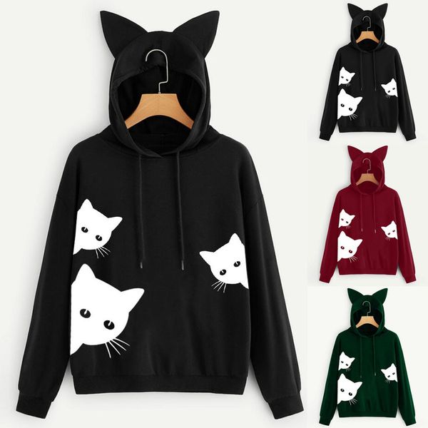 

cute cat толстовка женщина осень зима толстовка печать с длинным рукавом толстовка сыпучего японский пуловер топы японского gh4, Black