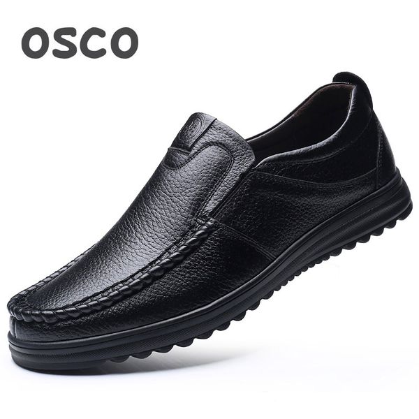 

osco men shoes authentic genuine leather business casual shoes male soft bottom oxfords middle-aged lazy slip-on father, Black