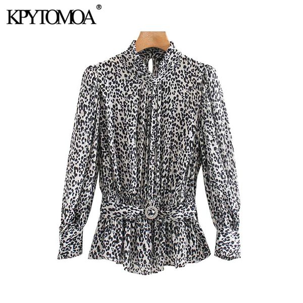 

vintage stylish leopard print with belt blouses women 2019 fashion long sleeve office wear loose female shirts blusas chic, White