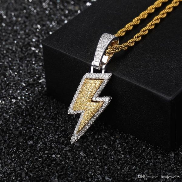 

iced out bling light pendant necklace with rope chain copper material cubic zircon men hip hop jewelry, Silver
