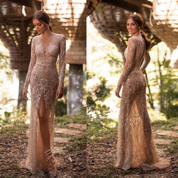 2020 Millanova Glamour Abiti da sposa a sirena Profondo scollo a V sul davanti Perline divise Appliques Abiti da sposa in pizzo Sweep Train Abiti da sposa