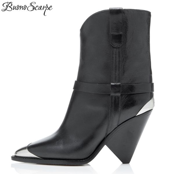 

buonoscarpe real leather ankle boots women metal pointed toe rivet tassel strange high heel boots woman fashion martin boots2019 ly191224, Black