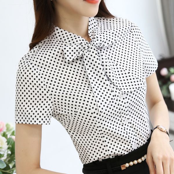 

women blouses ladies summer 2019 fashion office shirt women blouse short sleeve bow neck womens clothing wave point blusas 893f 30, White