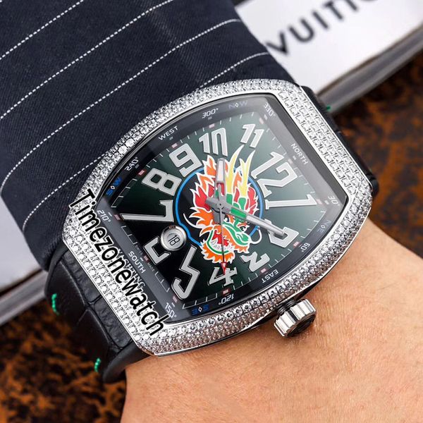 Orologio da uomo automatico Vanguard V45 Yachting Lunetta con diamanti in argento Quadrante nero Dragon King Indici numerici dipinti Fuso orario in pelle Orologio E117a1