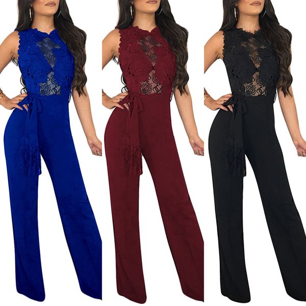 

lace patchwork jumpsuit women summer sleeveless lace embroidery back zipper bodysuits hollow out playsuits wide leg rompers, Black;white