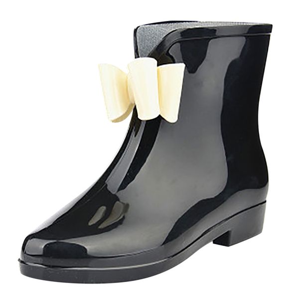 

women rain boots non-slip waterproof ankle boots butterfly-knot booties female round toe platform zapatos de mujer botas, Black