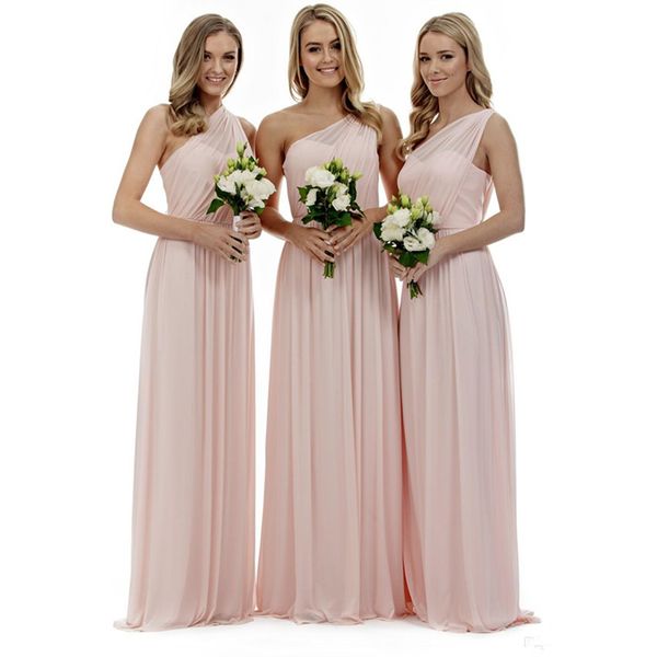 

2020 new blush pink one shoulder bridesmaid dresses a line chiffon pleats floor length bridesmaids gowns for summer country weddings 4646, White;pink