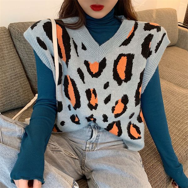 

winter knitted vest waistcoat women v-neck leopard vintage knit vest sleeveless sweater coat casual plus size outwear, Black;white