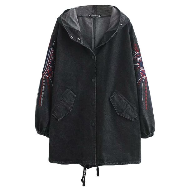 

plus size casual denim jacket 2019 autumn clothing fashion loose long sleeve embroidery hooded coats women j4-6916, Black;brown