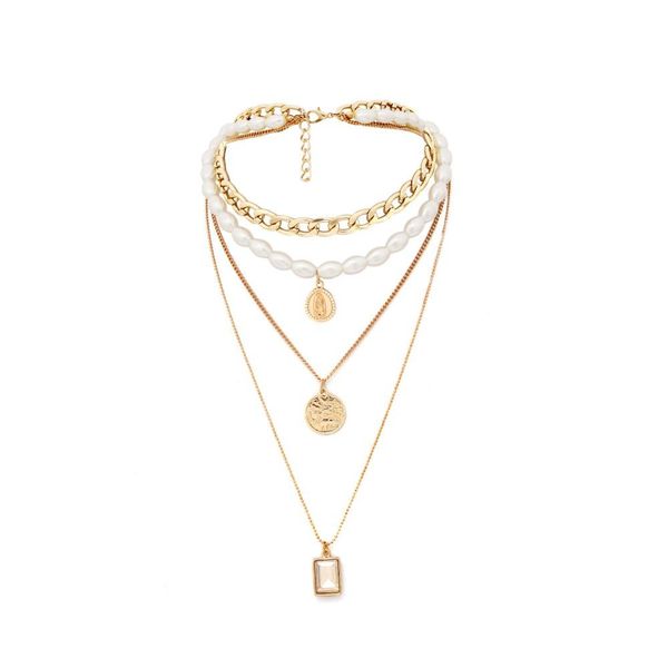 

2019 new fashion gold color multilayer chains pearl necklaces geometric crystal pendants necklaces for women bijoux, Silver