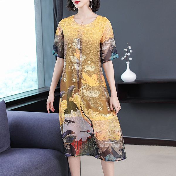 

3xl new women dress elegant loose spring summer short sleeve vestidos chinese vintage print faux silk dresses high quality, Black;gray