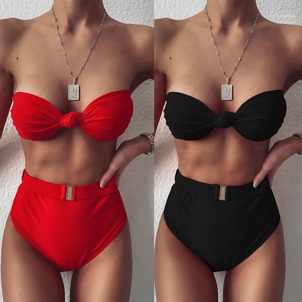 

fashion solid color high waist swim trunks fashion bikini women bathing suit ladies wrap chest swimwear, White;black