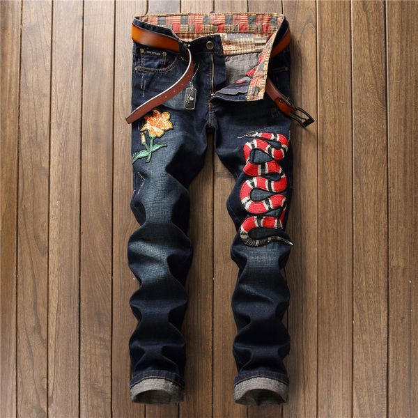 

cobra floral embroidery men denim jeans full length straight washed male cowboy pants bleached slim fashion patchwork, Blue