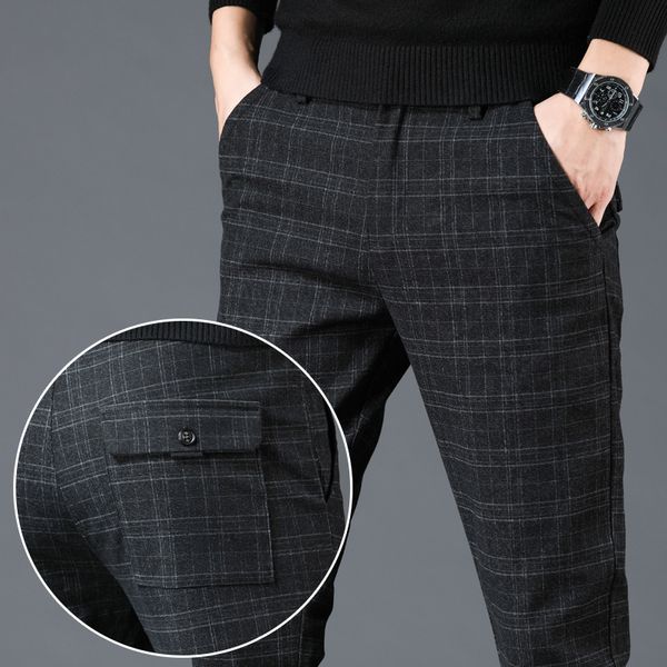 

plaid pants men 2020 business dress slim fit skinny trousers male clearance casual stretch vintage black work pants
