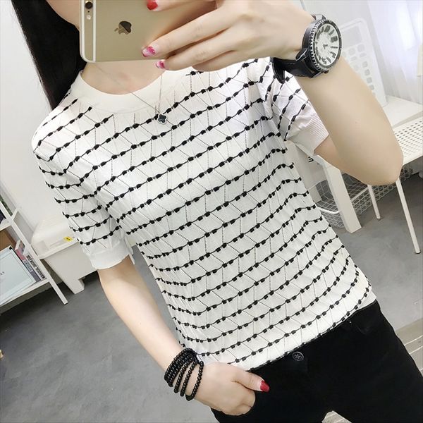 

short-sleeved jacket 2020ins fashionable striped ice silk t-shirt female summer thin super-fire cec half-sleeve hollow-out jacket female, White