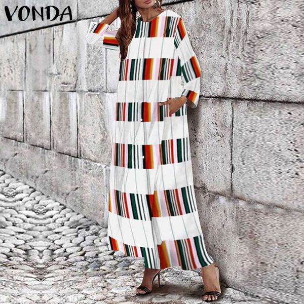 

vonda женские платья лето 2019 винтаж плед лоскутное печати девять рукавов длинные макси платья чешские женские повседневные свободные плать, Black;gray