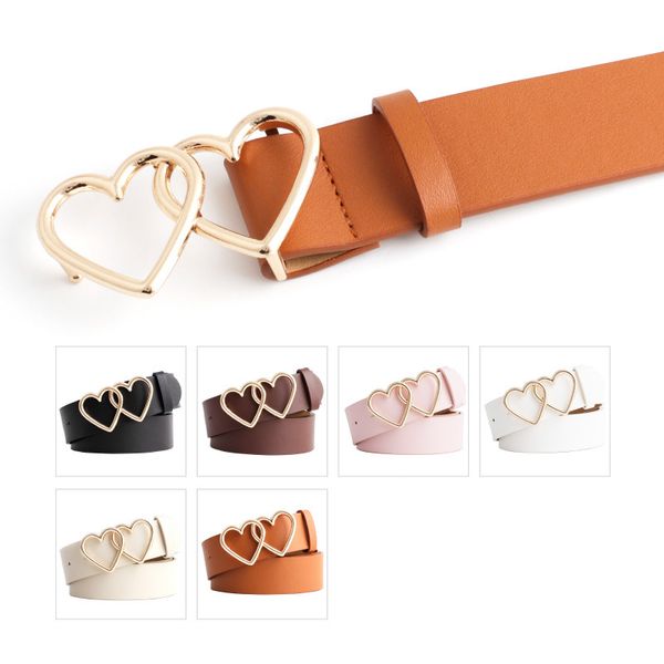 

women belts casual double sweet heart buckle ladies alloy pin buckle belts women's pu leather belt trousers jeans, Black;brown