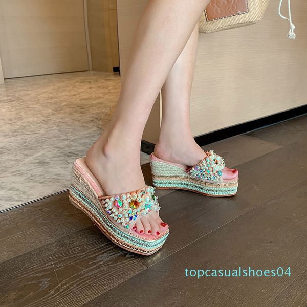 

shoes slippers women summer on a wedge luxury slides pantofle string bead heeled mules soft designer 2020 heels pumps high rome t04, Black