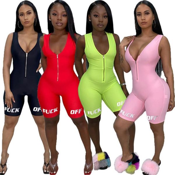 

women jumpsuits overalls summer clothing letter new style v-neck zipper rompers bodycon shorts sleeveless s-xl dhl, Gray