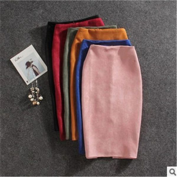 

осень женщины bodycon юбка зима hip твердая замша рабочая одежда пакет карандаш midi юбка femininas розовый черный бинты 2019, Black