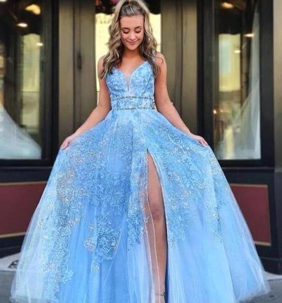 

sky blue prom dresses a line appliques split pageant holidays graduation wear formal evening party gowns plus size, Black