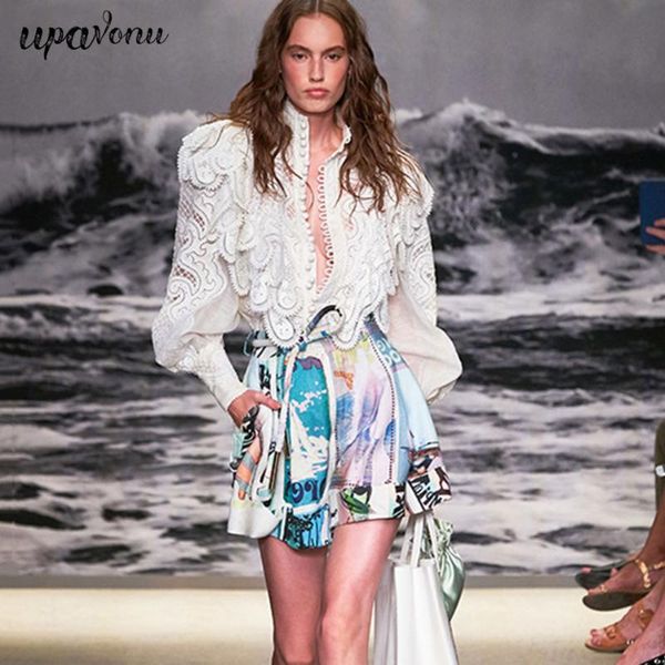 

осень вышивка выдалбливают женщины топы 2020 мода блузки vintage воротник стойка фонарь рукавом однобортный оборками рубашки, White